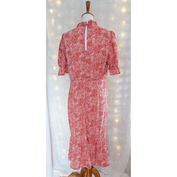 Nasty Gal 10 Red Floral Midi Dress Prairie Cottagecore Ruffle High Neck Keyhole - Picture 5 of 7